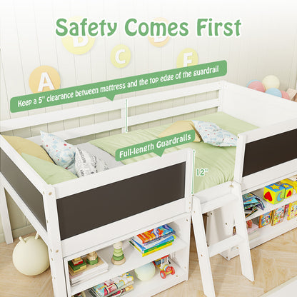 Kid Twin Size Low Loft Bed with Chalkboard Ramp Ladder and Bookcases-White