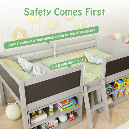 Kid Twin Size Low Loft Bed with Chalkboard Ramp Ladder and Bookcases-Gray
