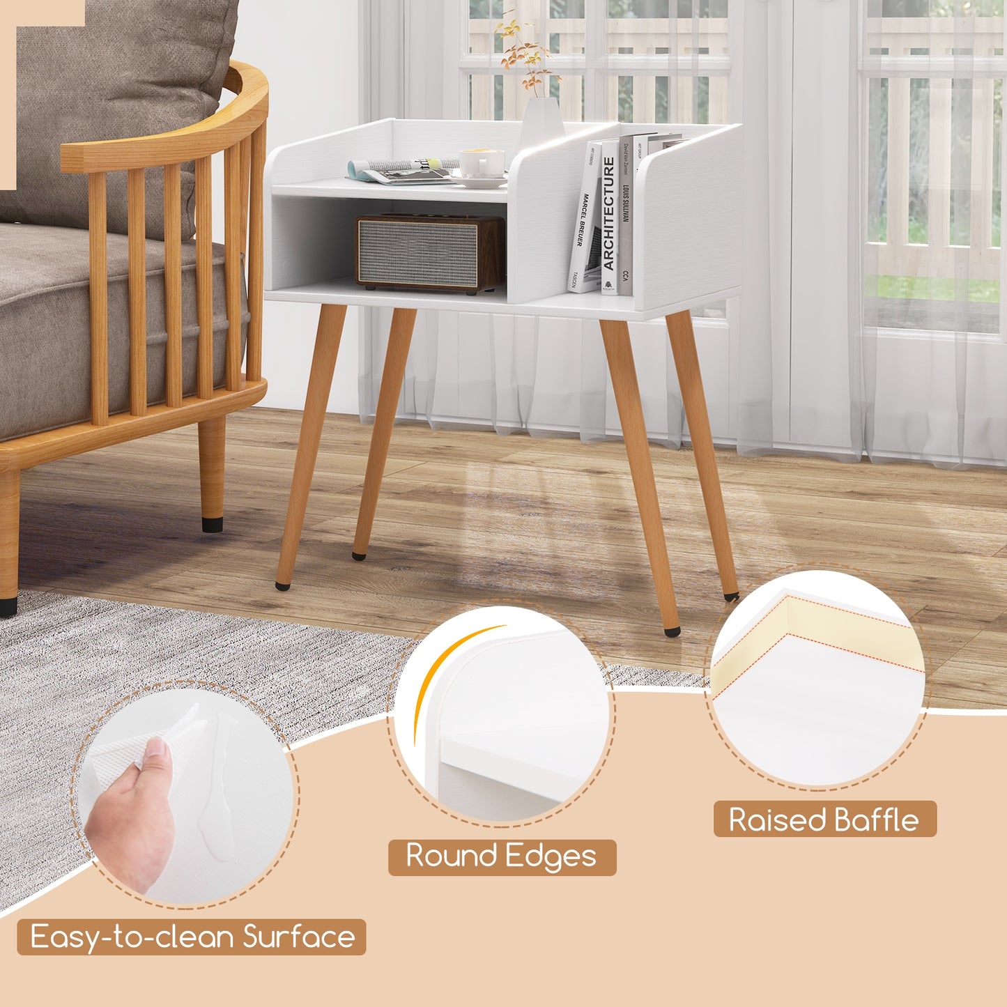 Mid Century Modern Nightstand  with Open Shelves-White Kids Crystal