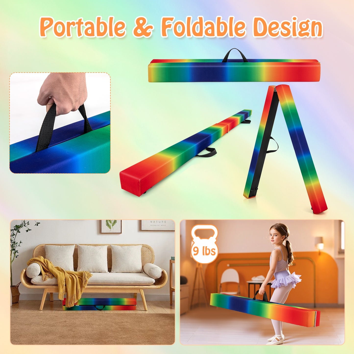 7 Feet Folding Portable Floor Balance Beam with Handles for Gymnasts-Muticolor Kids Crystal