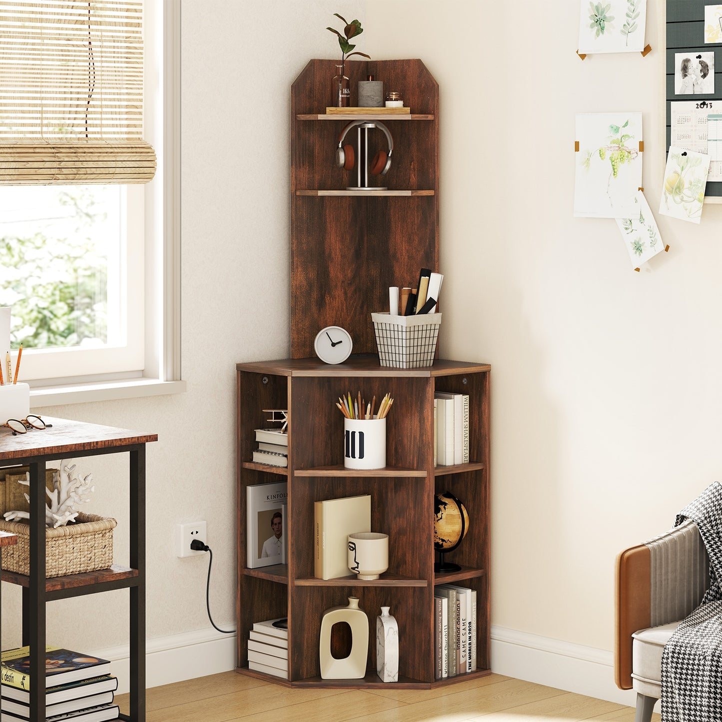 6-Tier Corner Shelf with Charging Station and 2 USB Ports-Brown Kids Crystal