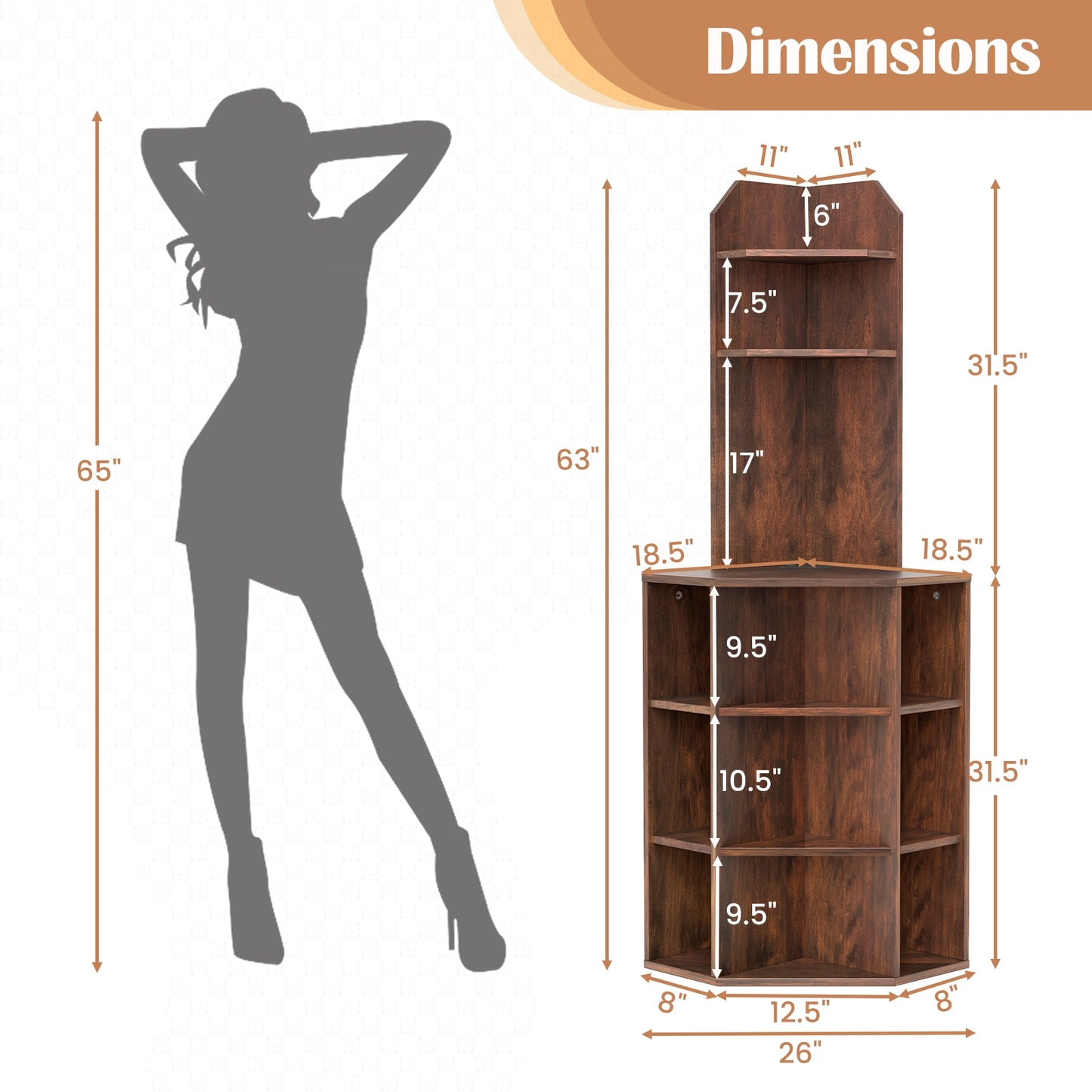 6-Tier Corner Shelf with Charging Station and 2 USB Ports-Brown Kids Crystal