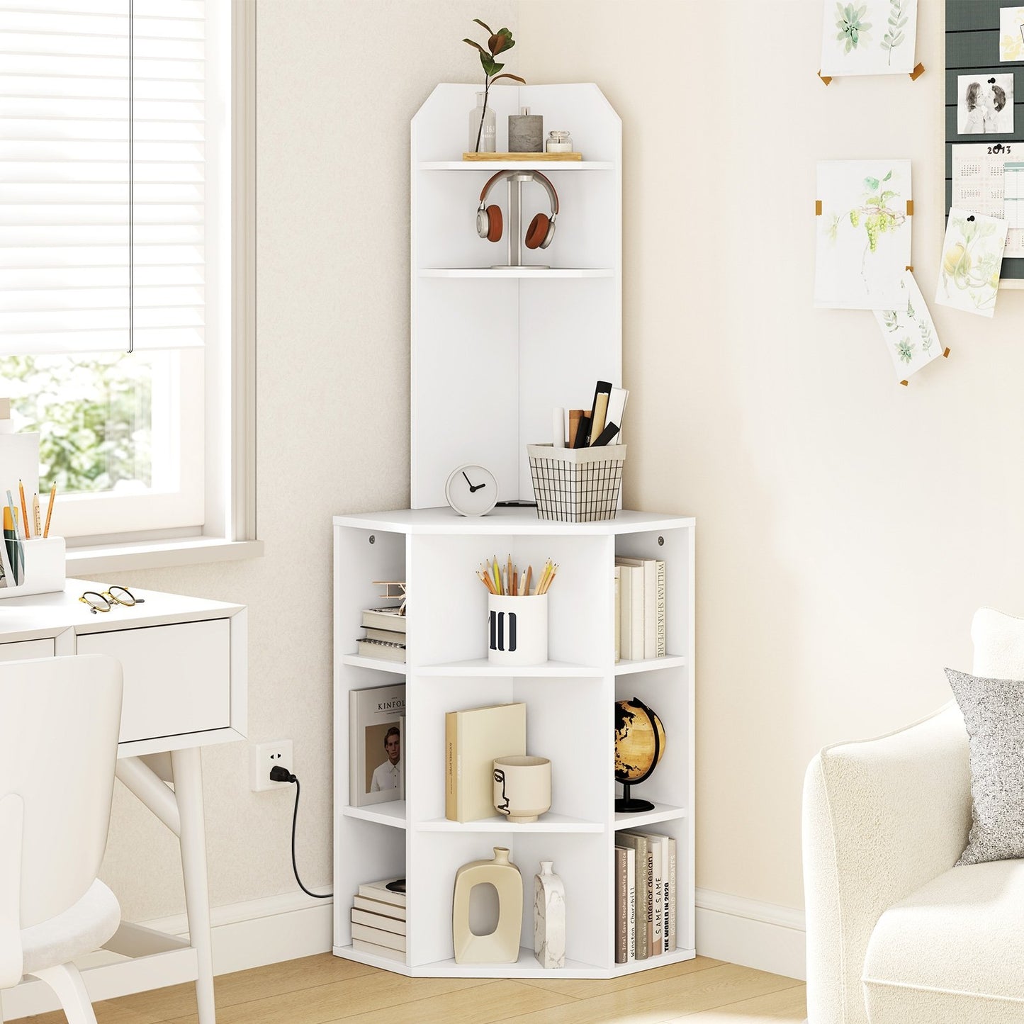 6-Tier Corner Shelf with Charging Station and 2 USB Ports-White Kids Crystal
