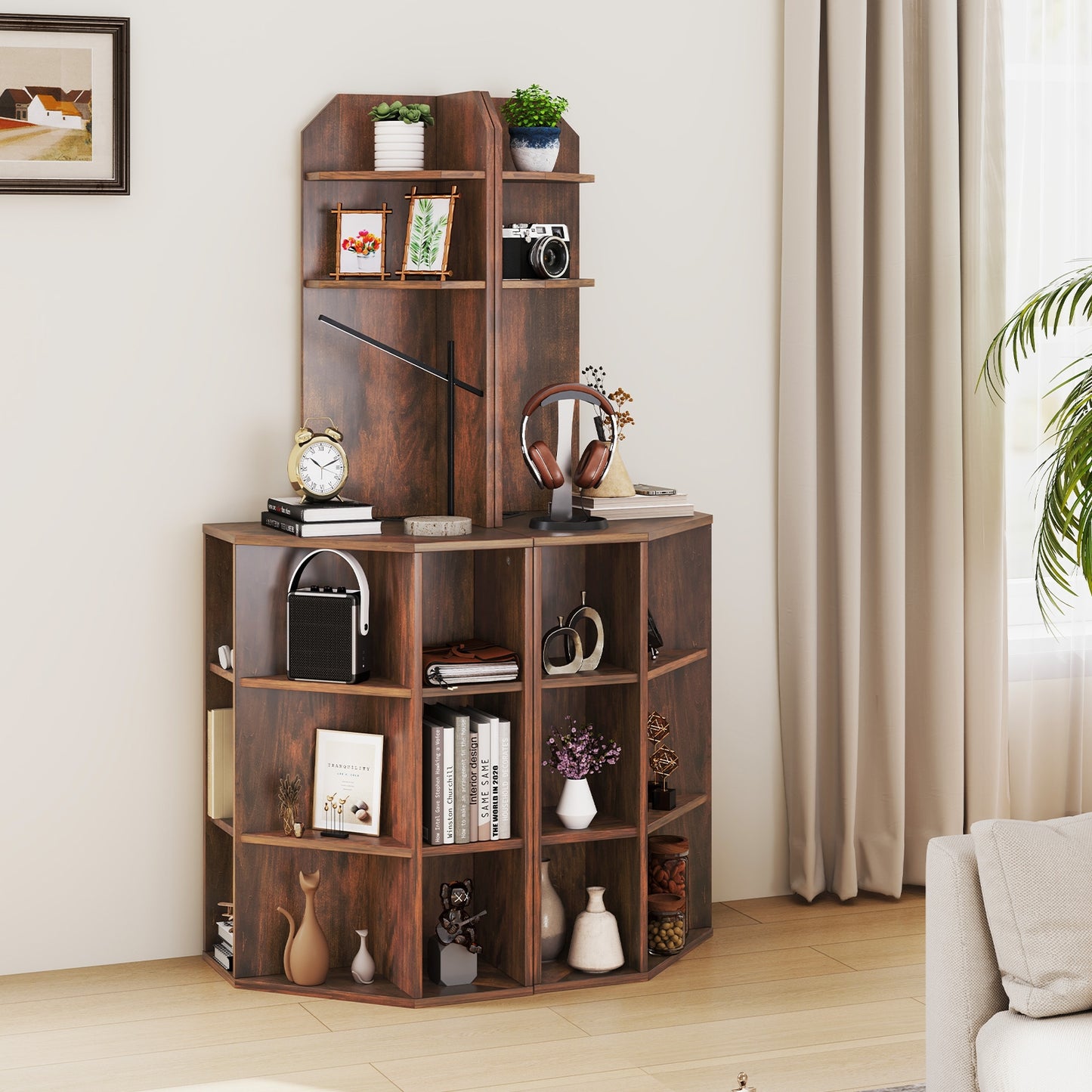 6-Tier Corner Shelf with Charging Station and 2 USB Ports-Brown Kids Crystal