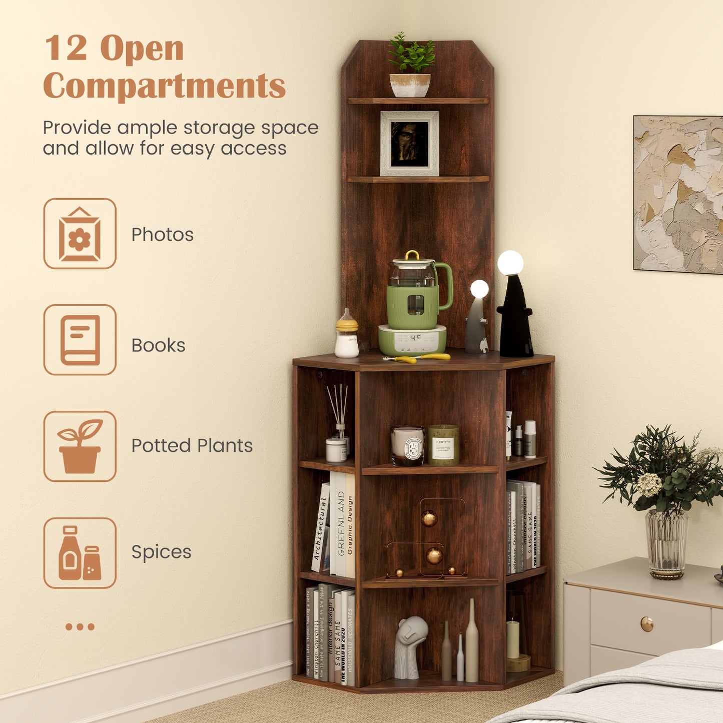 6-Tier Corner Shelf with Charging Station and 2 USB Ports-Brown Kids Crystal