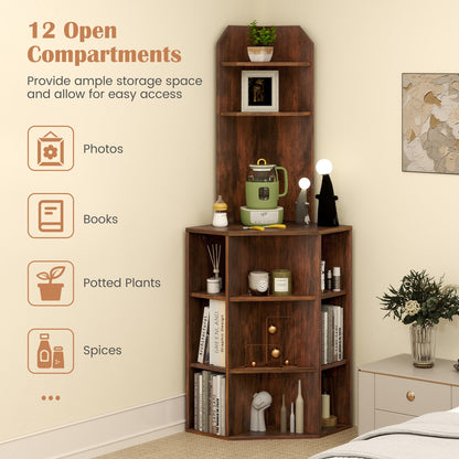 6-Tier Corner Shelf with Charging Station and 2 USB Ports-Brown