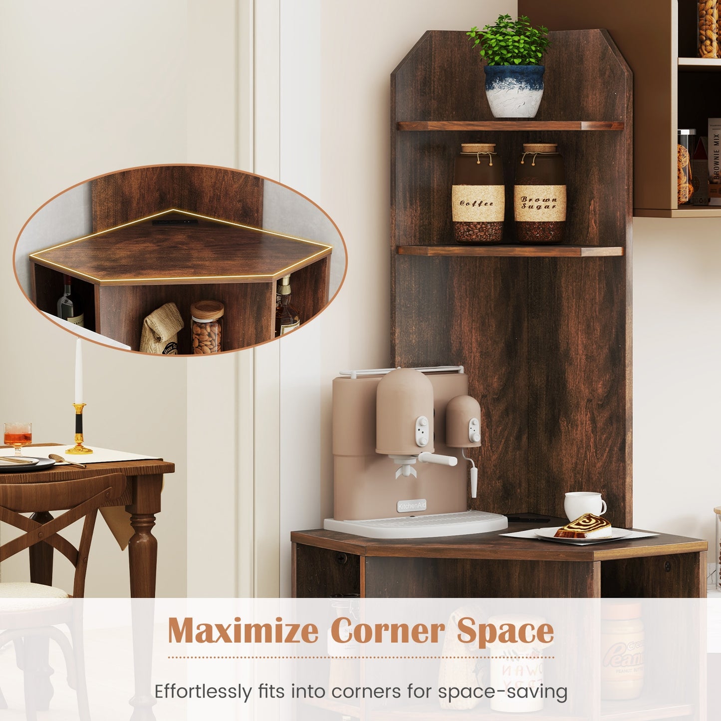 6-Tier Corner Shelf with Charging Station and 2 USB Ports-Brown Kids Crystal