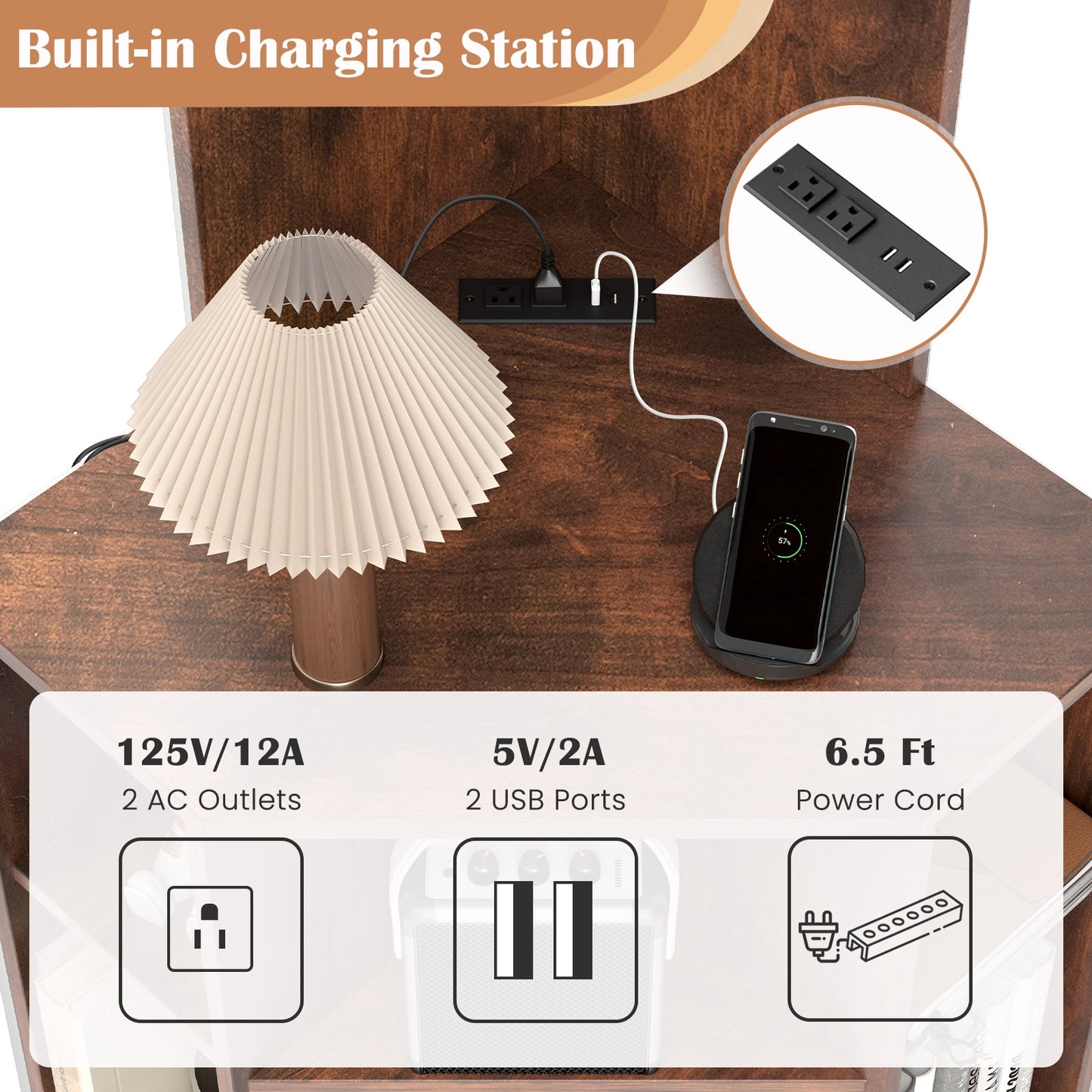 6-Tier Corner Shelf with Charging Station and 2 USB Ports-Brown Kids Crystal