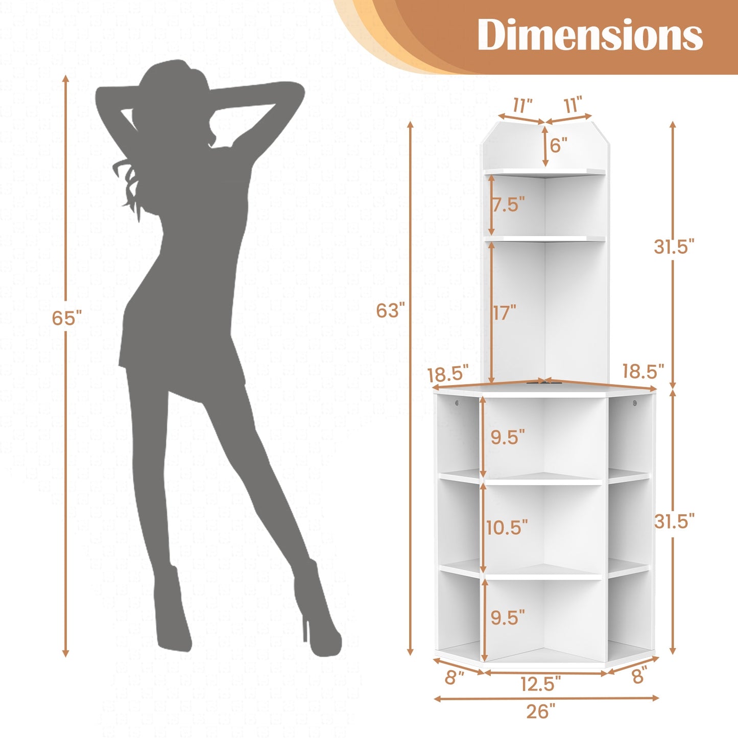 6-Tier Corner Shelf with Charging Station and 2 USB Ports-White Kids Crystal