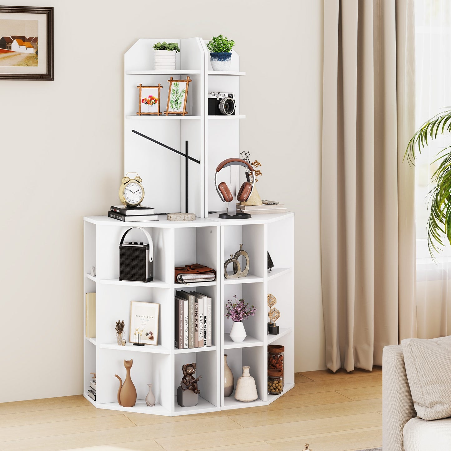 6-Tier Corner Shelf with Charging Station and 2 USB Ports-White Kids Crystal