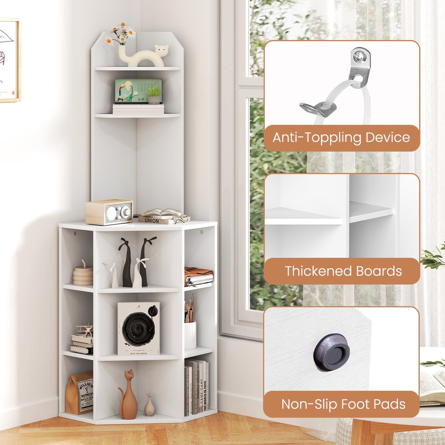 6-Tier Corner Shelf with Charging Station and 2 USB Ports-White Kids Crystal