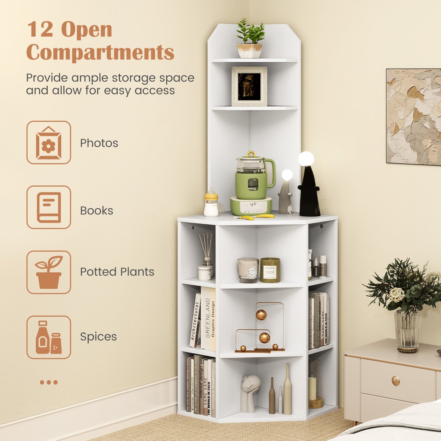 6-Tier Corner Shelf with Charging Station and 2 USB Ports-White Kids Crystal