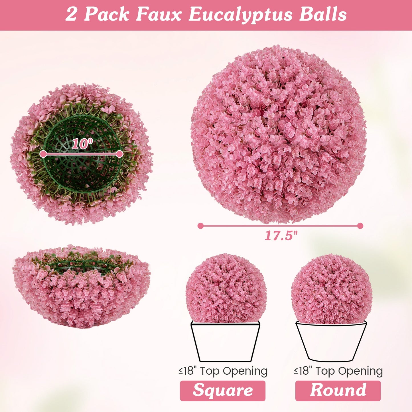 17.5 Inch Faux Purple Eucalyptus Decorative Balls with 7 Layers Leaves for Backyard Porch Garden and Wedding-Pink Kids Crystal