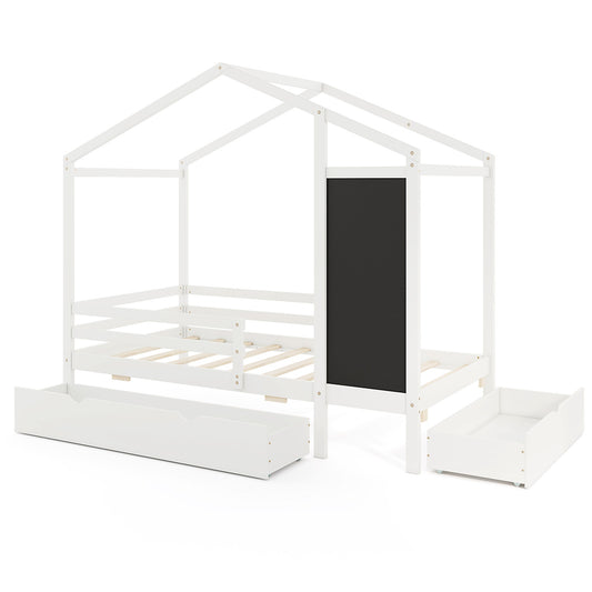 Kids Twin Size Bed with 2 Drawers Solid Wood Bed with Blackboard-White Kids Crystal