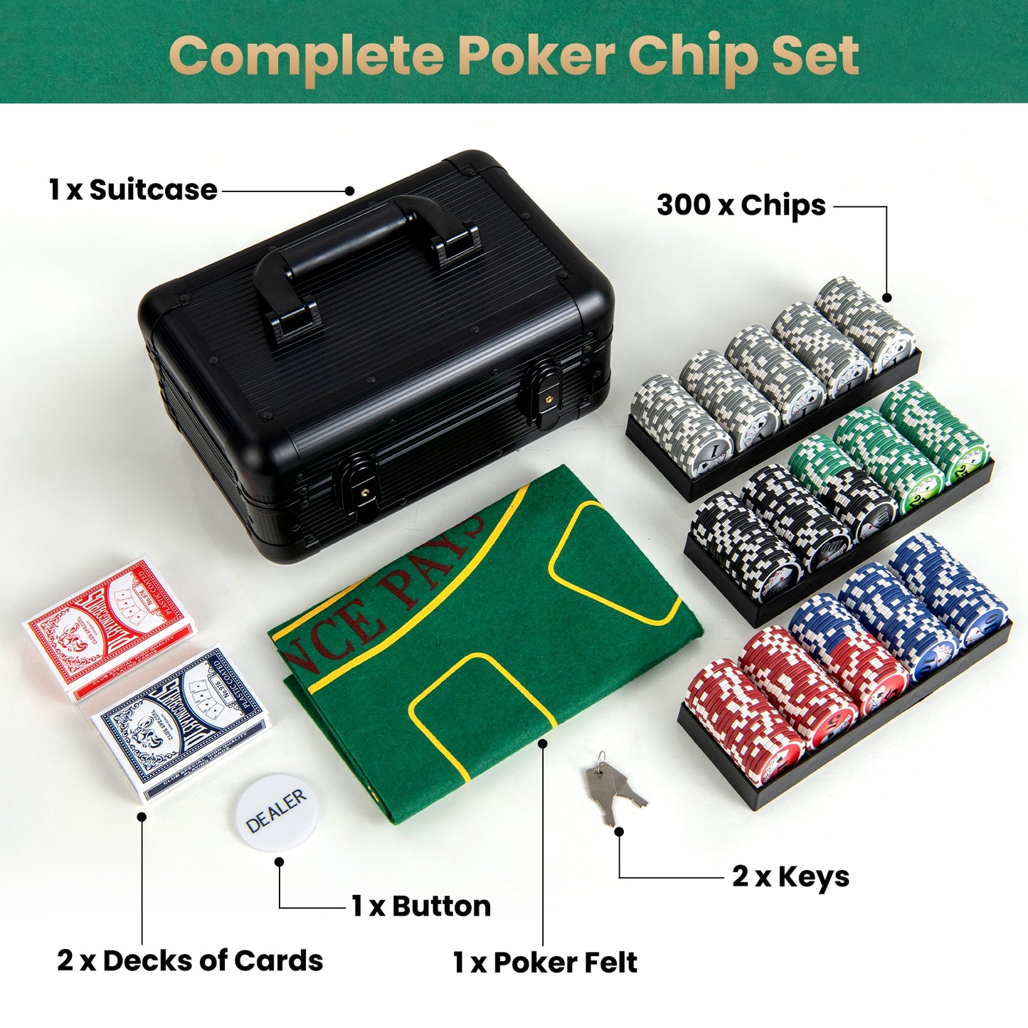 Texas Holdem Poker Chip Set with 300 Pieces Chips-Black Kids Crystal