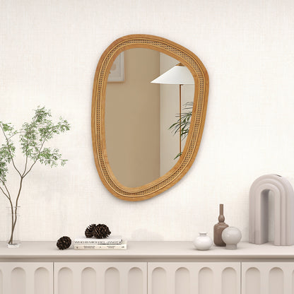 33 Inches x 23.5 Inches Irregular PVC Rattan Wall Mirror with Wooden Frame-Natural