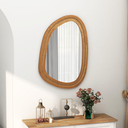 33 Inches x 23.5 Inches Irregular PVC Rattan Wall Mirror with Wooden Frame-Natural