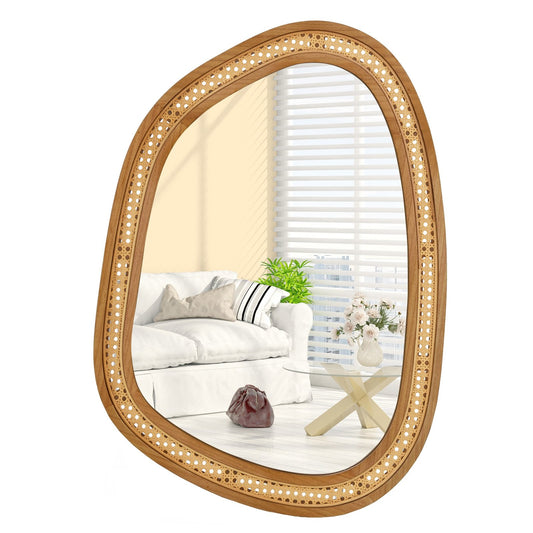 33 Inches x 23.5 Inches Irregular PVC Rattan Wall Mirror with Wooden Frame-Natural Kids Crystal