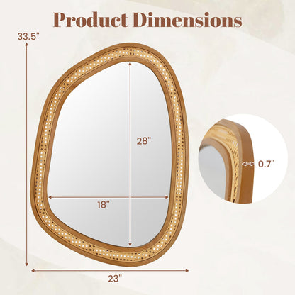 33 Inches x 23.5 Inches Irregular PVC Rattan Wall Mirror with Wooden Frame-Natural