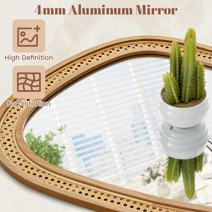 33 Inches x 23.5 Inches Irregular PVC Rattan Wall Mirror with Wooden Frame-Natural