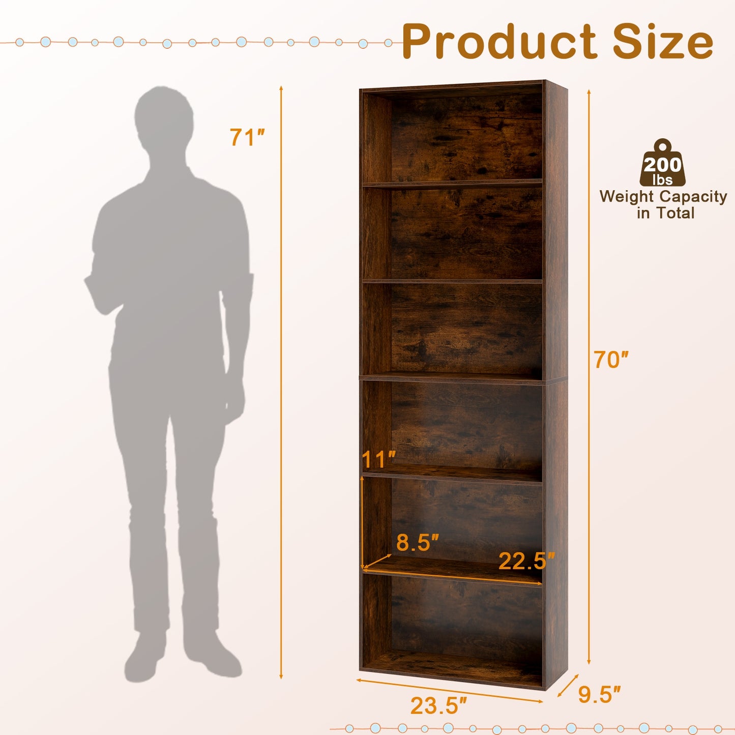 6-Tier Bookcase with 6 Open Shelves and Anti-Toppling Kits-Rustic Brown Kids Crystal
