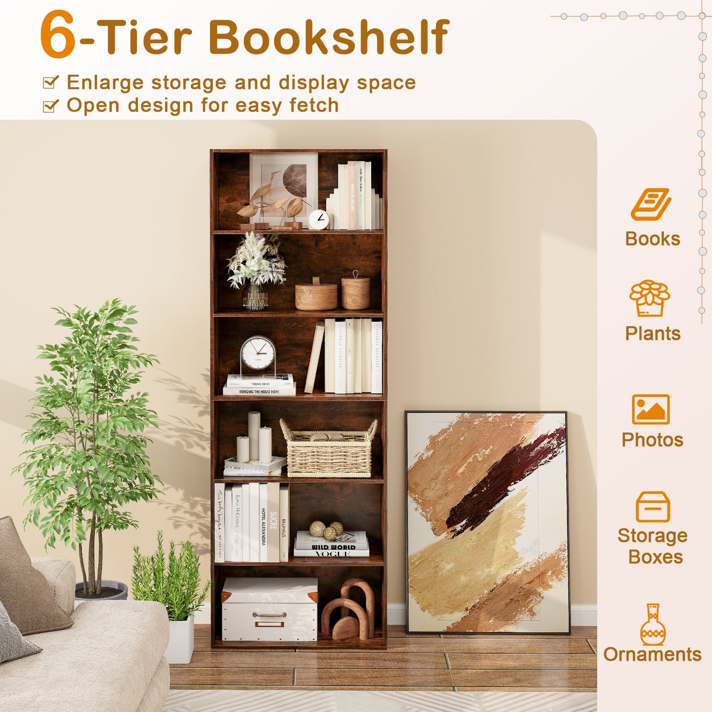 6-Tier Bookcase with 6 Open Shelves and Anti-Toppling Kits-Rustic Brown Kids Crystal