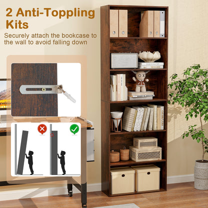 6-Tier Bookcase with 6 Open Shelves and Anti-Toppling Kits-Rustic Brown