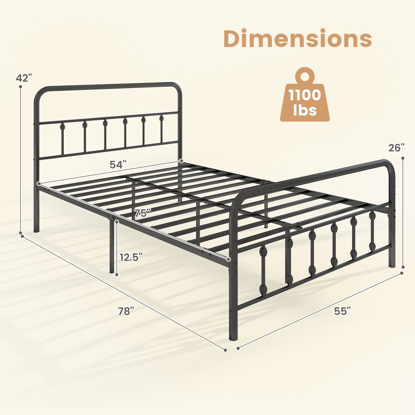 Bed Frame with Headboard and Under Bed Storage Black-Full Size Kids Crystal