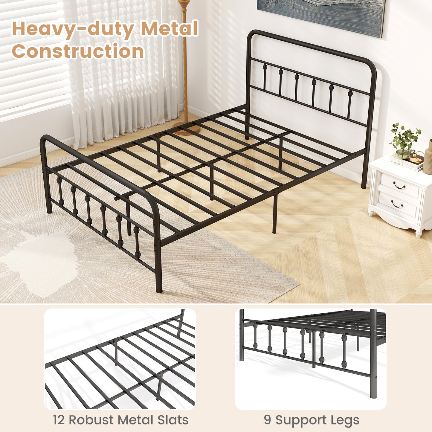 Bed Frame with Headboard and Under Bed Storage Black-Full Size Kids Crystal