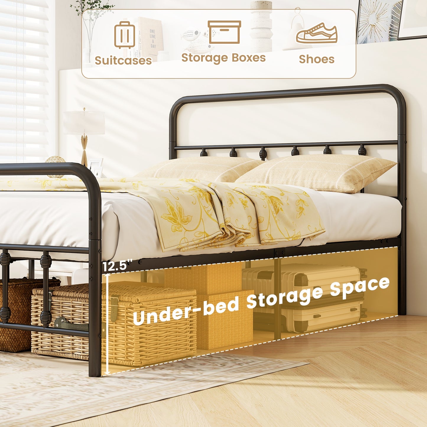 Bed Frame with Headboard and Under Bed Storage Black-Full Size Kids Crystal