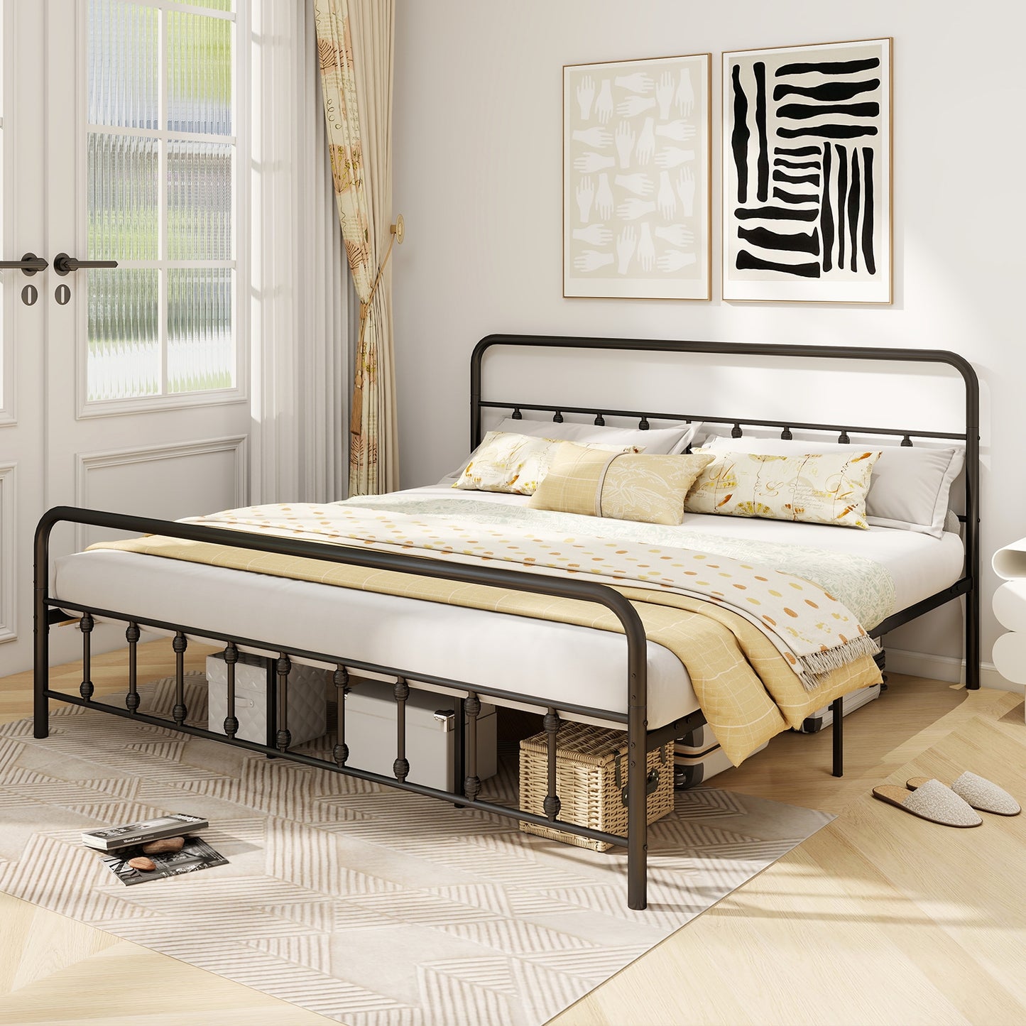 Bed Frame with Headboard and Under Bed Storage Black-King Size Kids Crystal