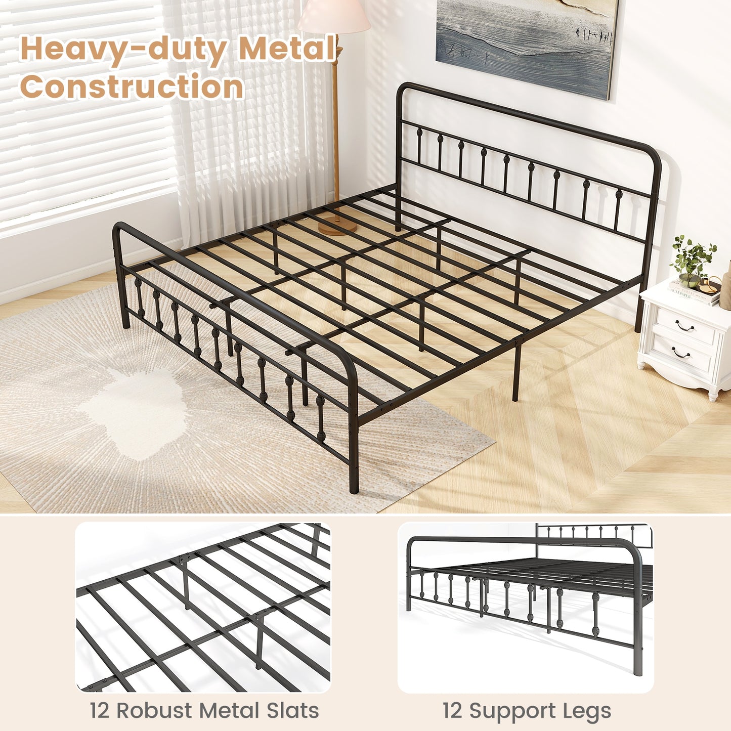 Bed Frame with Headboard and Under Bed Storage Black-King Size Kids Crystal