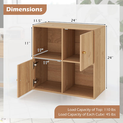 4-Cube Bookcase 3-Tier Bookshelf with Dual Anti-Tipping Kits and 2 Cabinets-Natural