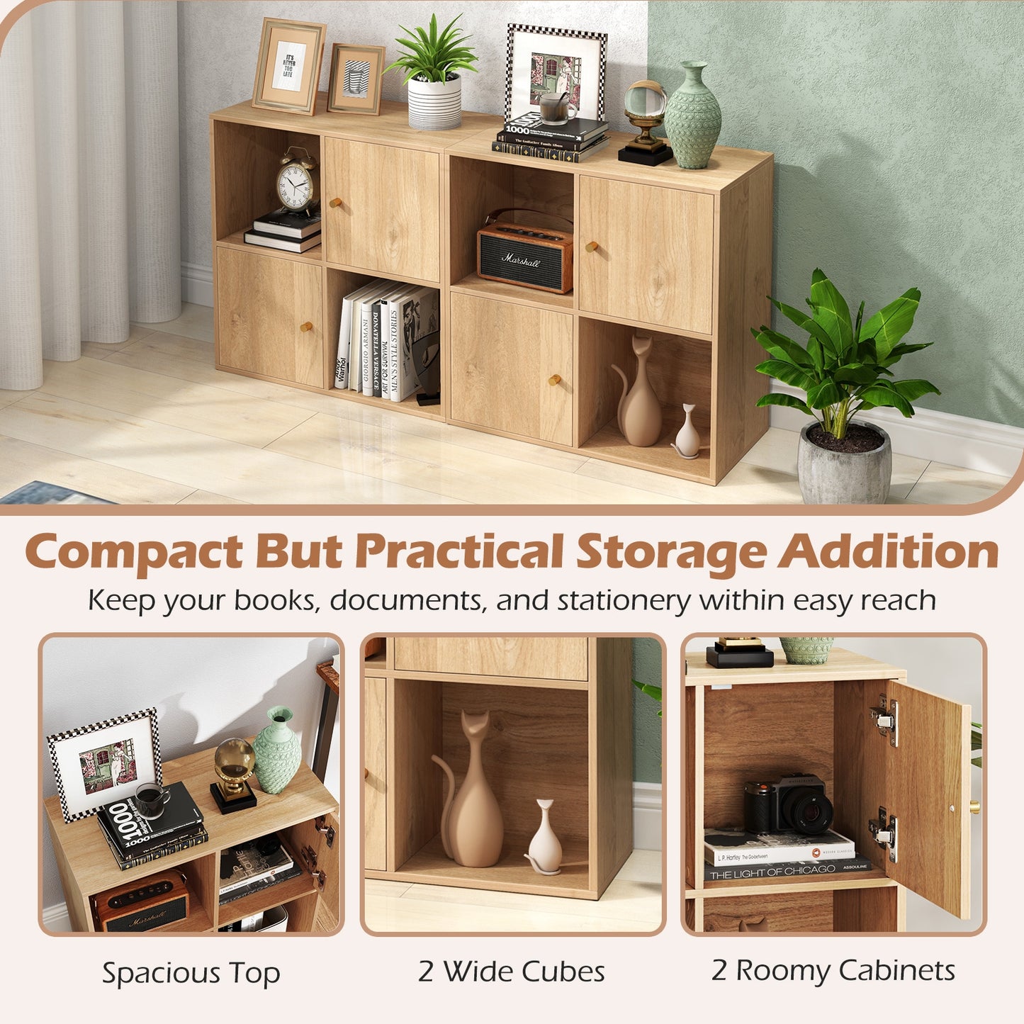 4-Cube Bookcase 3-Tier Bookshelf with Dual Anti-Tipping Kits and 2 Cabinets-Natural Kids Crystal