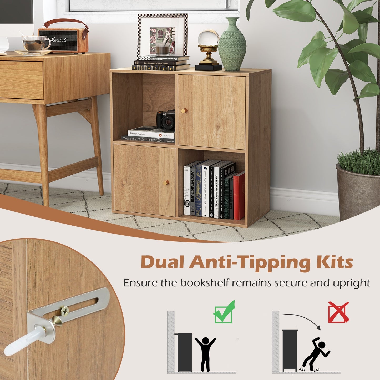 4-Cube Bookcase 3-Tier Bookshelf with Dual Anti-Tipping Kits and 2 Cabinets-Natural Kids Crystal