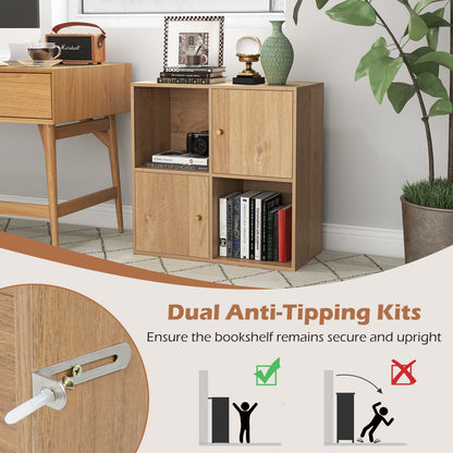 4-Cube Bookcase 3-Tier Bookshelf with Dual Anti-Tipping Kits and 2 Cabinets-Natural