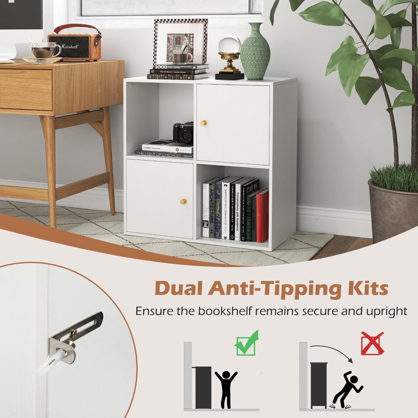 4-Cube Bookcase 3-Tier Bookshelf with Dual Anti-Tipping Kits and 2 Cabinets-White Kids Crystal