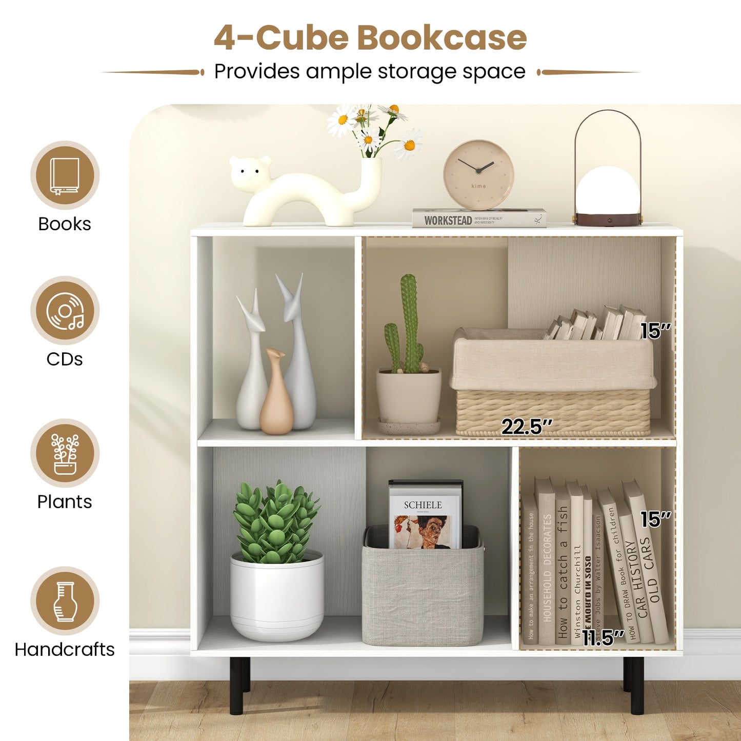 Open Shelf Bookcase with 4 Compartments-White Kids Crystal