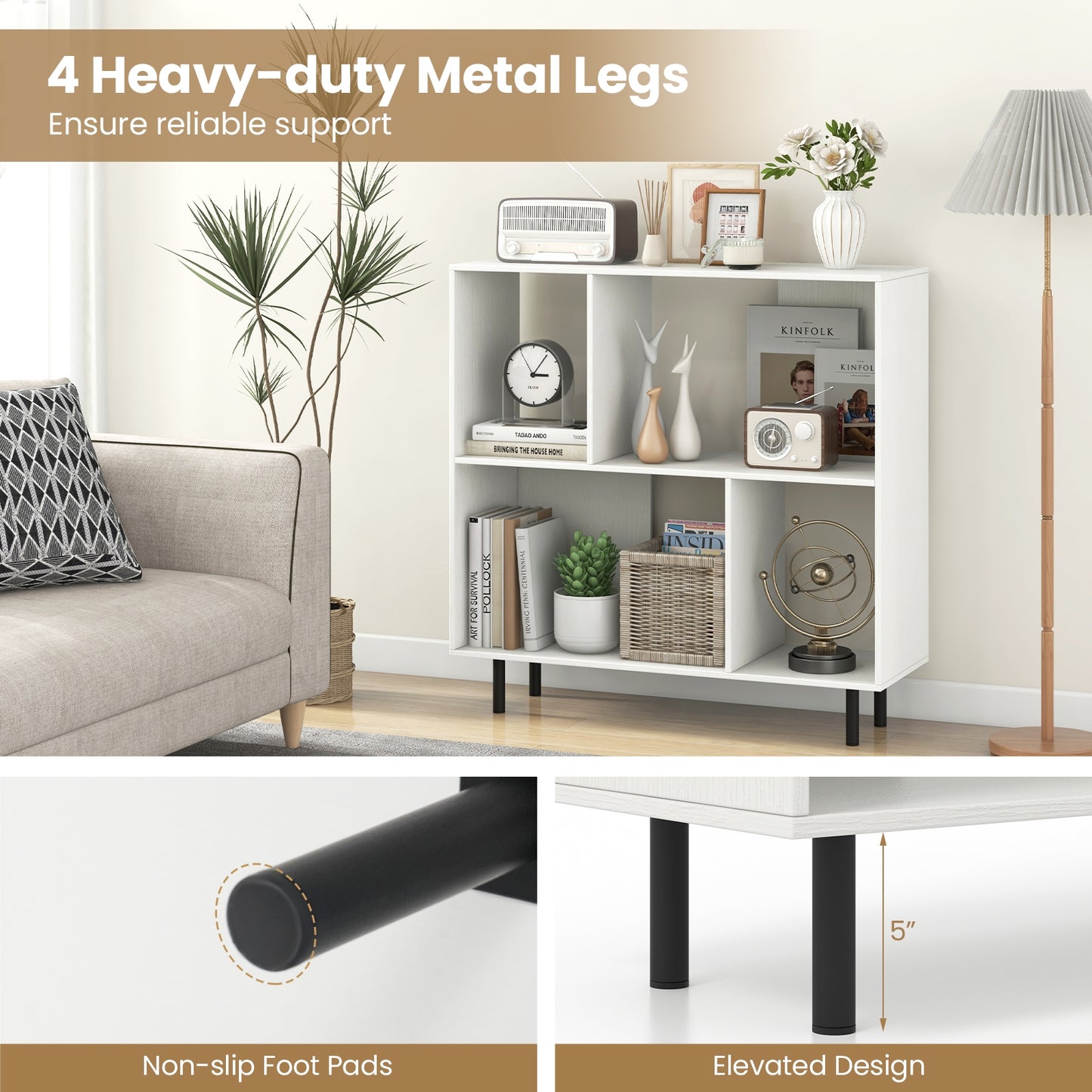 Open Shelf Bookcase with 4 Compartments-White Kids Crystal