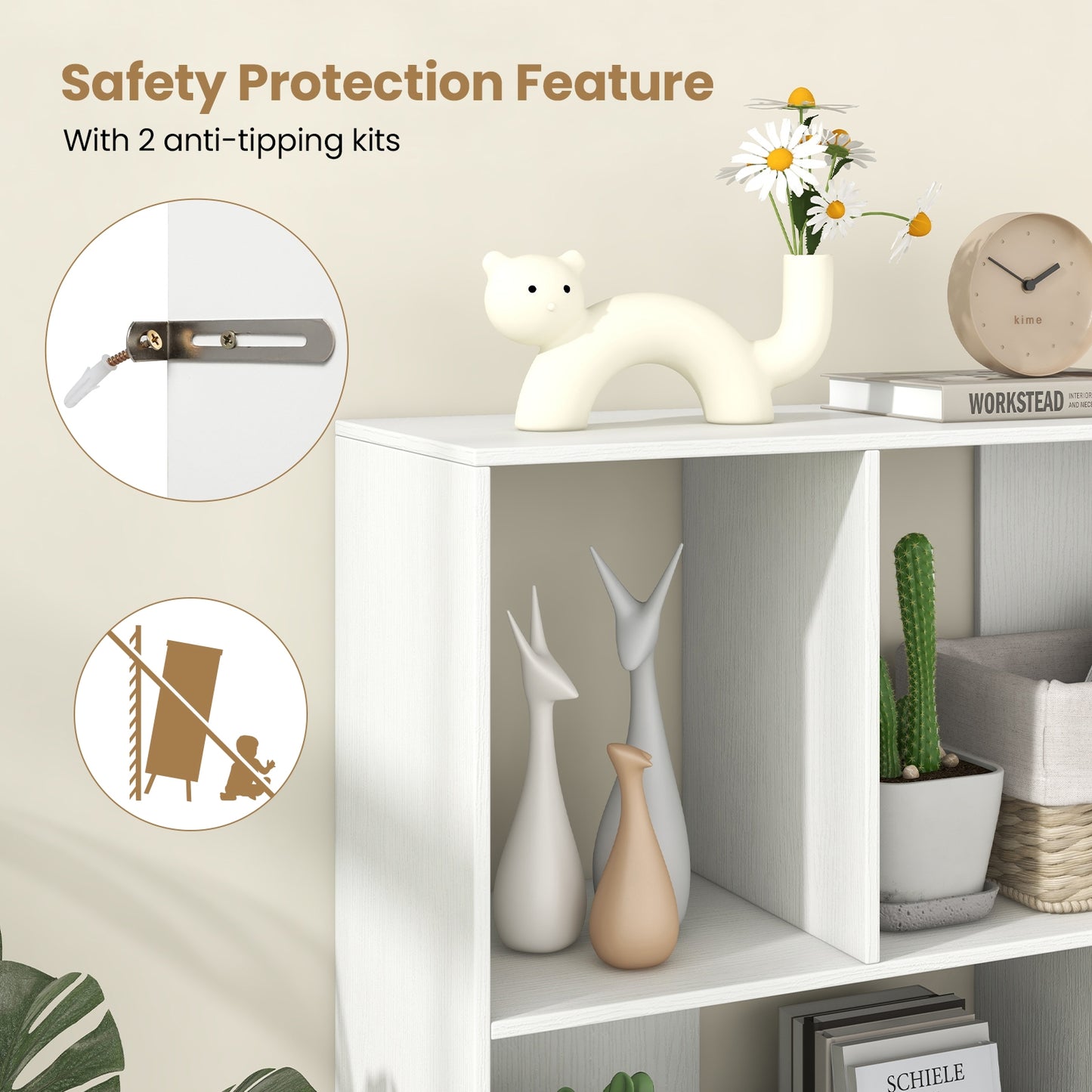 Open Shelf Bookcase with 4 Compartments-White Kids Crystal