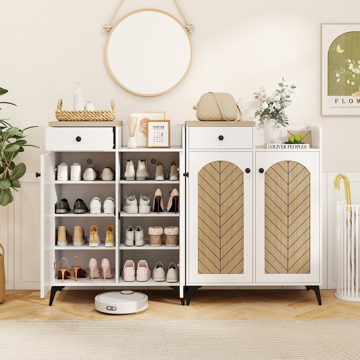 2-Door Shoe Rack Organizer with Drawer and 6 Removable Shelves-White Kids Crystal