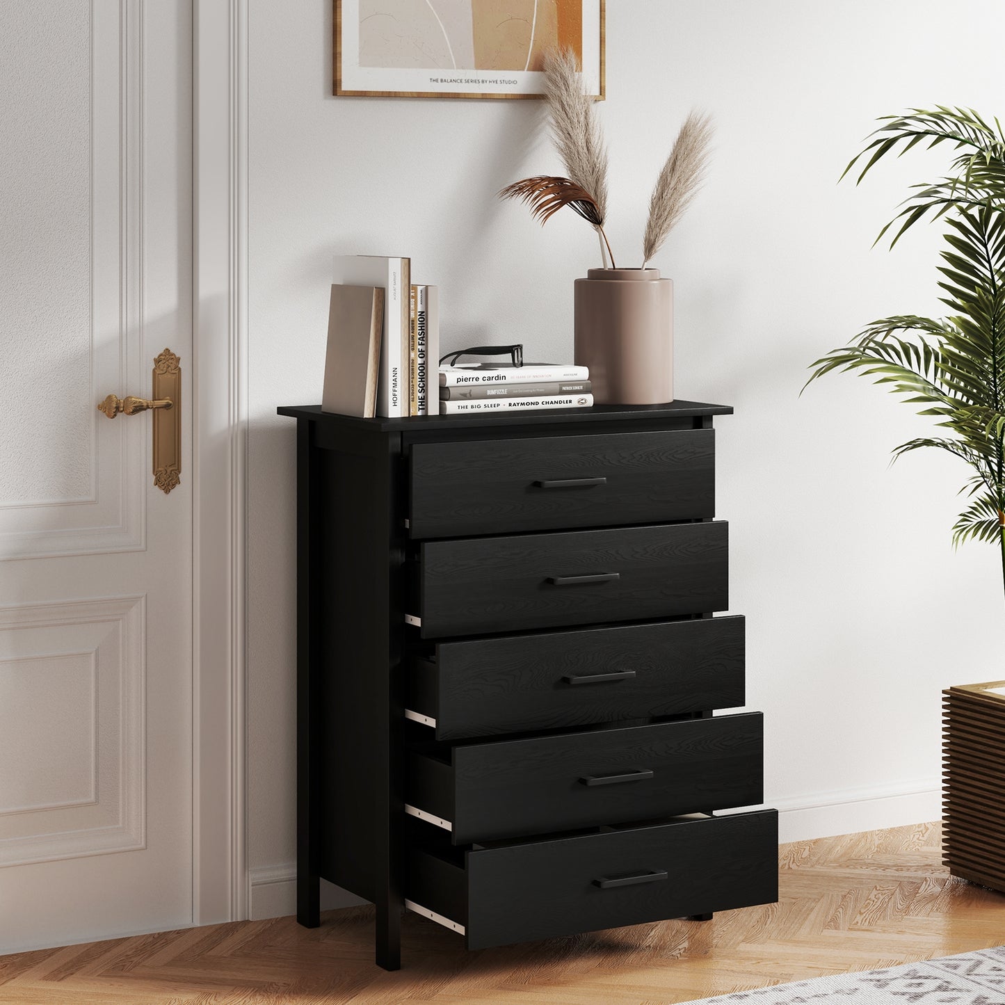 Modern 5-Drawer Multipurpose Chest Dresser with Metal Handles-Black Kids Crystal