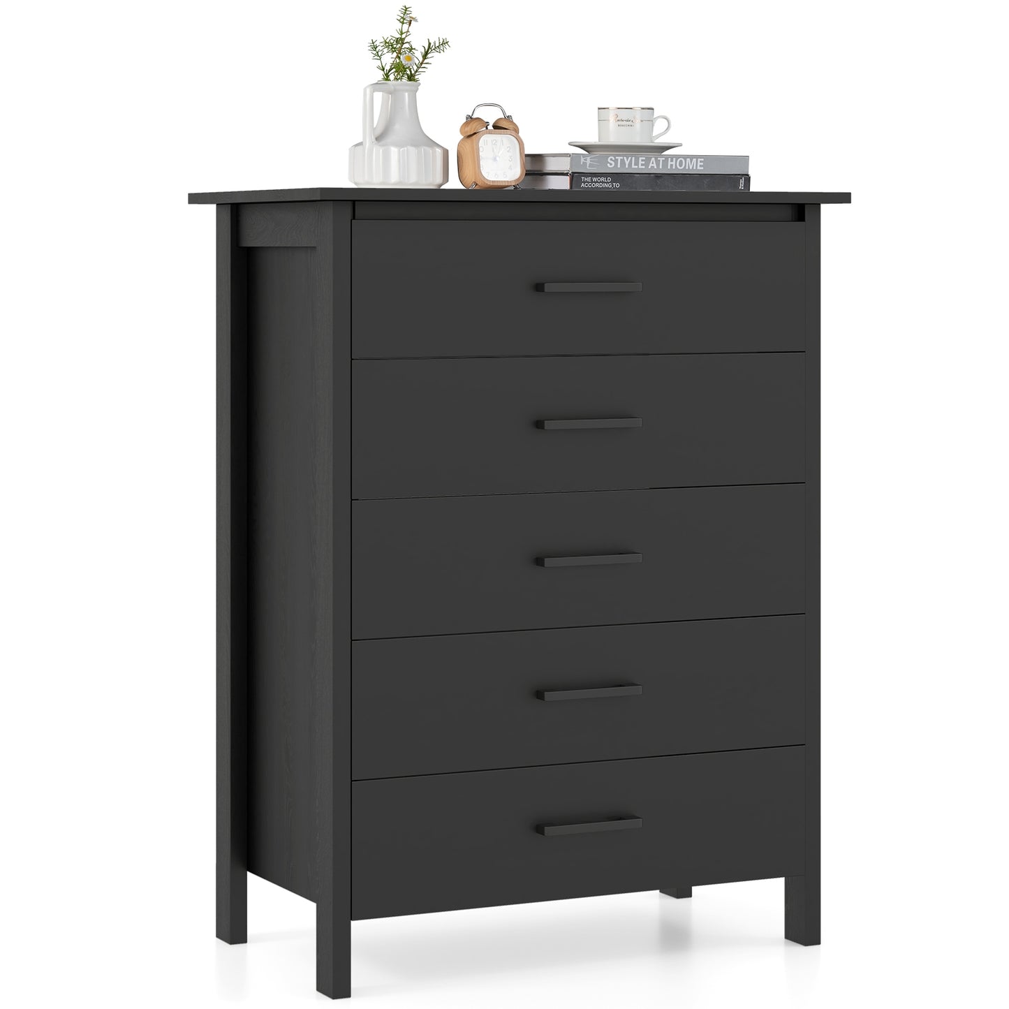 Modern 5-Drawer Multipurpose Chest Dresser with Metal Handles-Black Kids Crystal