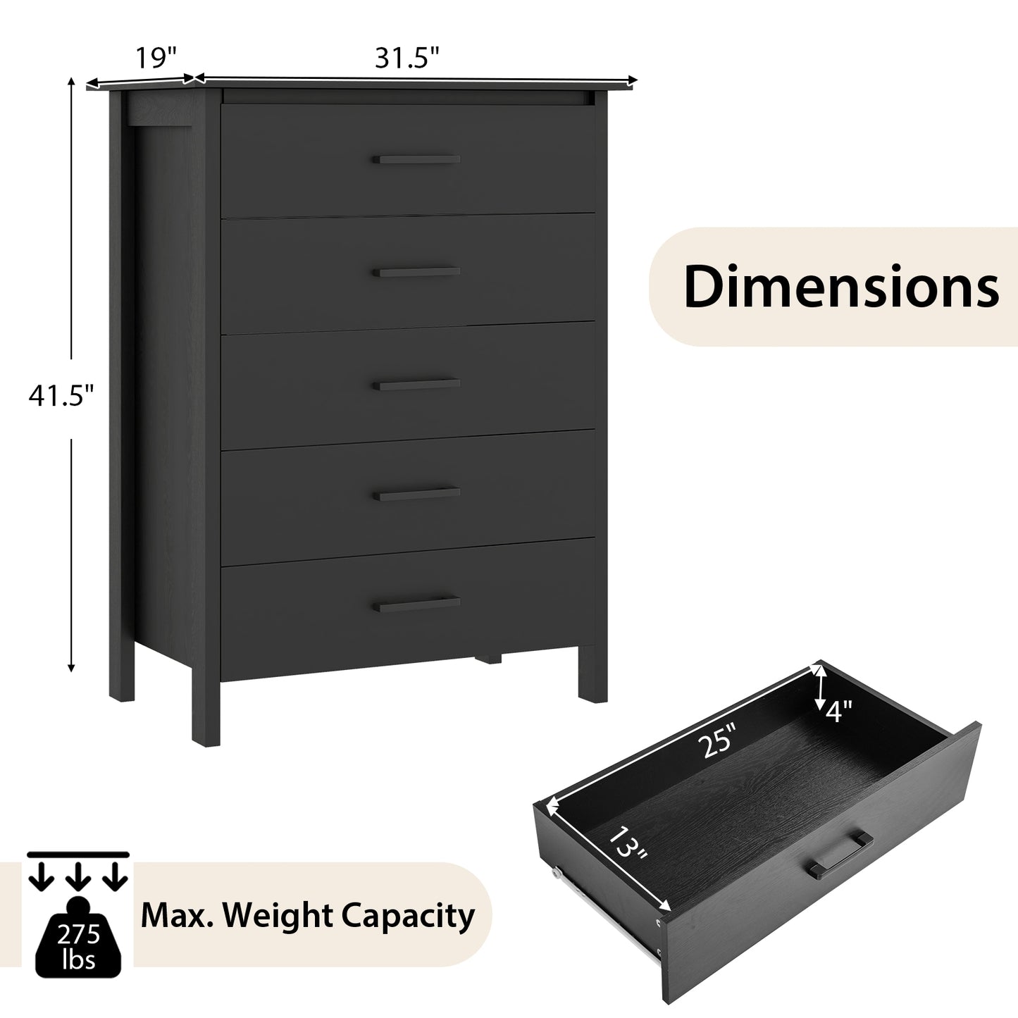 Modern 5-Drawer Multipurpose Chest Dresser with Metal Handles-Black Kids Crystal