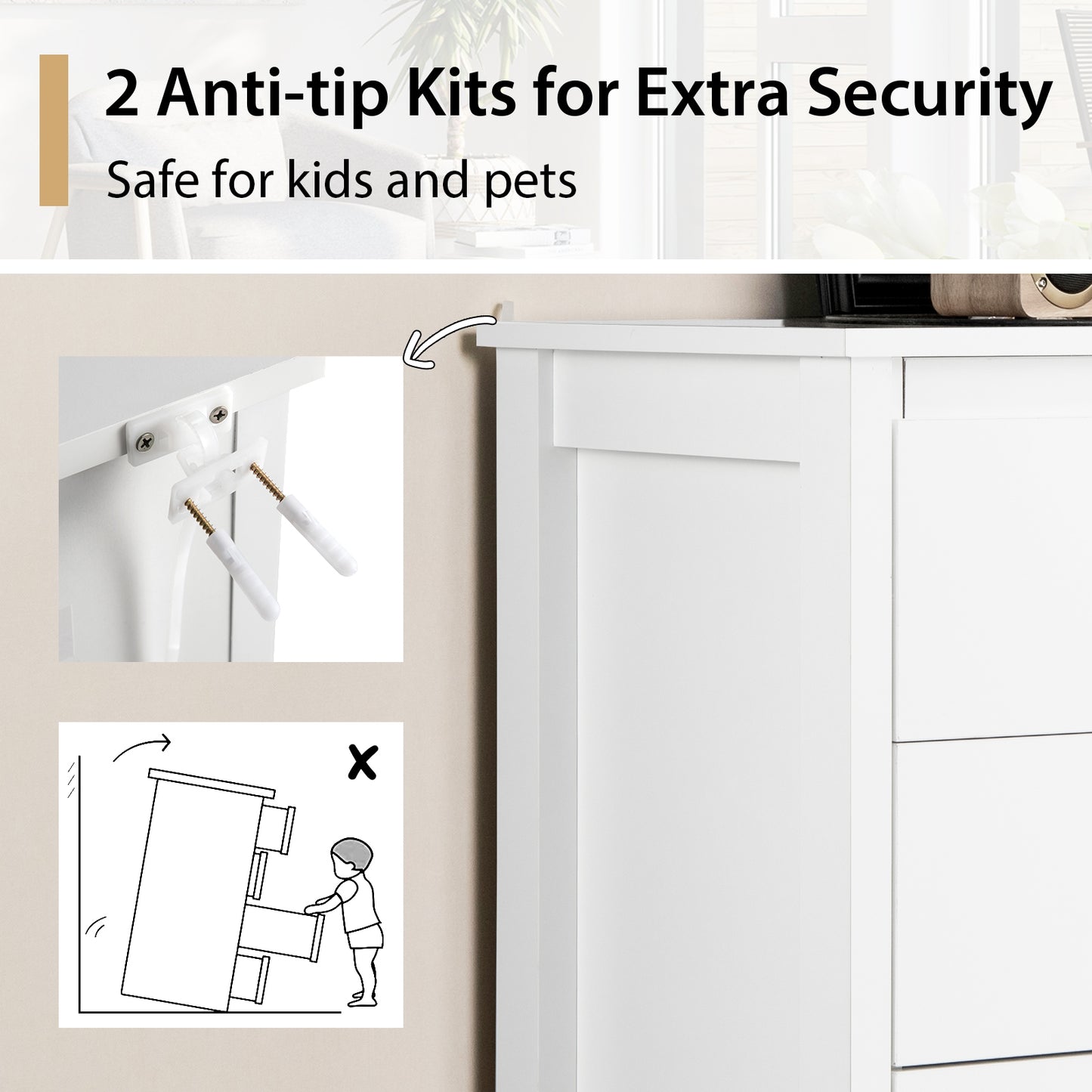 Modern 5-Drawer Multipurpose Chest Dresser with Metal Handles-White Kids Crystal