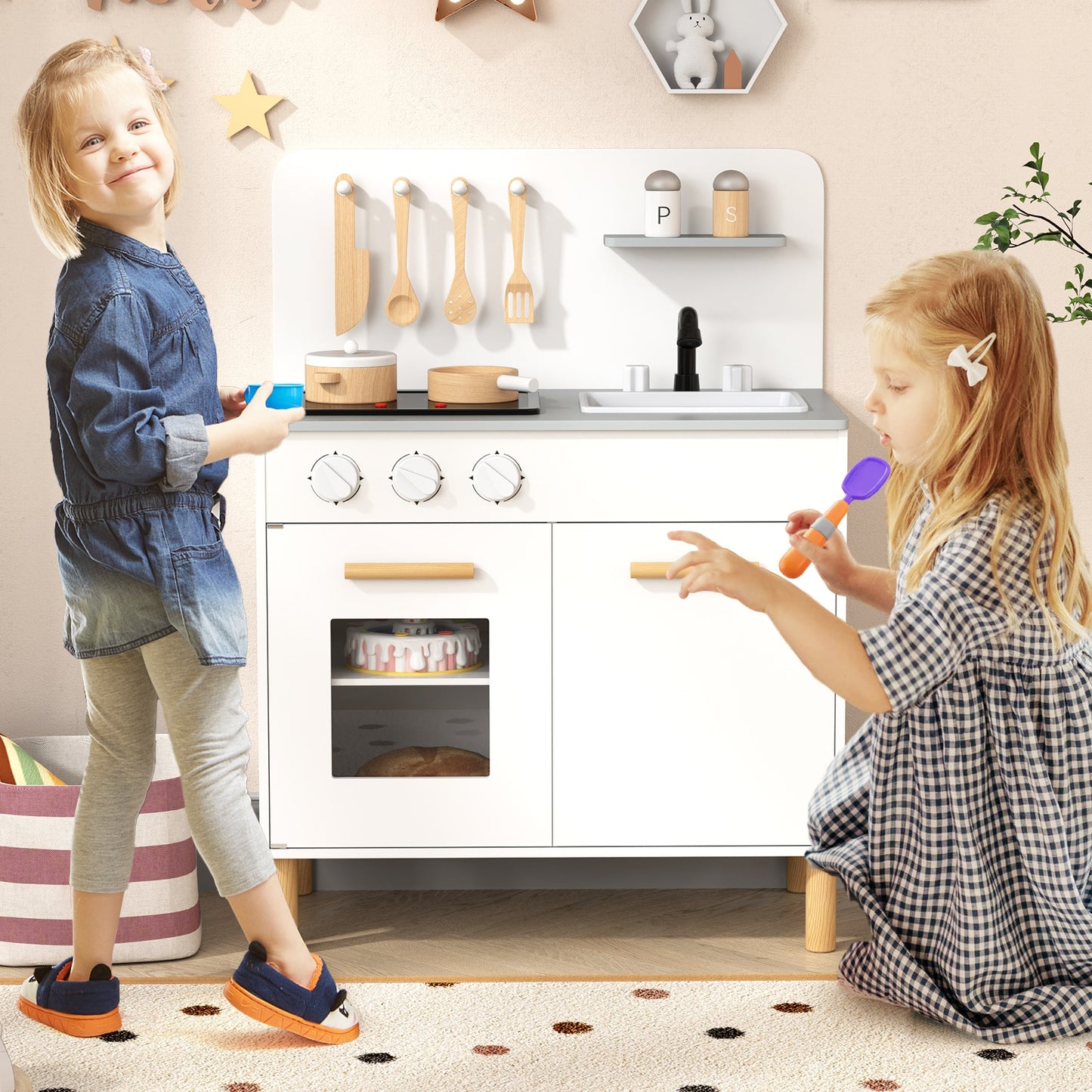 Kids Kitchen Playset with Cooking Accessories and Storage-White Kids Crystal