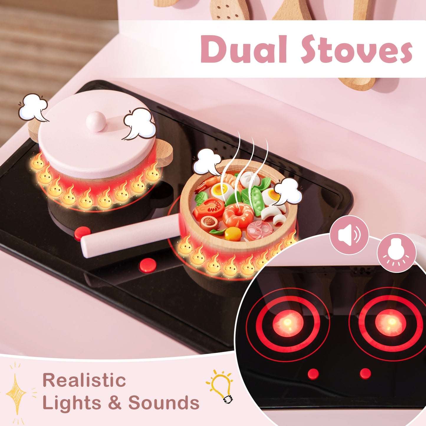 Kids Kitchen Playset with Cooking Accessories and Storage-Pink Kids Crystal