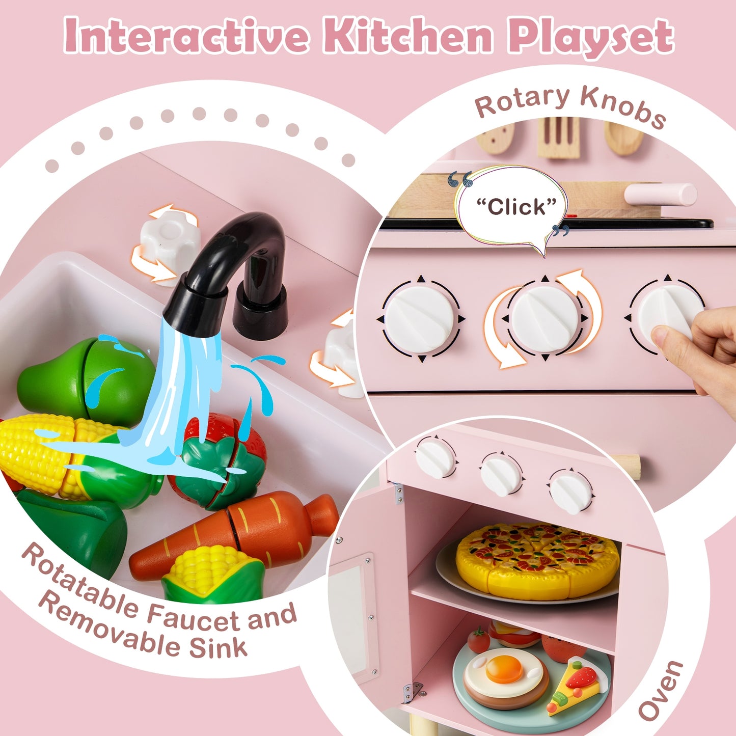 Kids Kitchen Playset with Cooking Accessories and Storage-Pink Kids Crystal