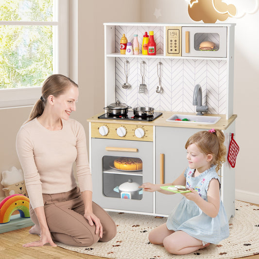 Kids Kitchen Playset with Lights Sounds Microwave Stoves Sink Oven and Cooking Accessories-White Kids Crystal