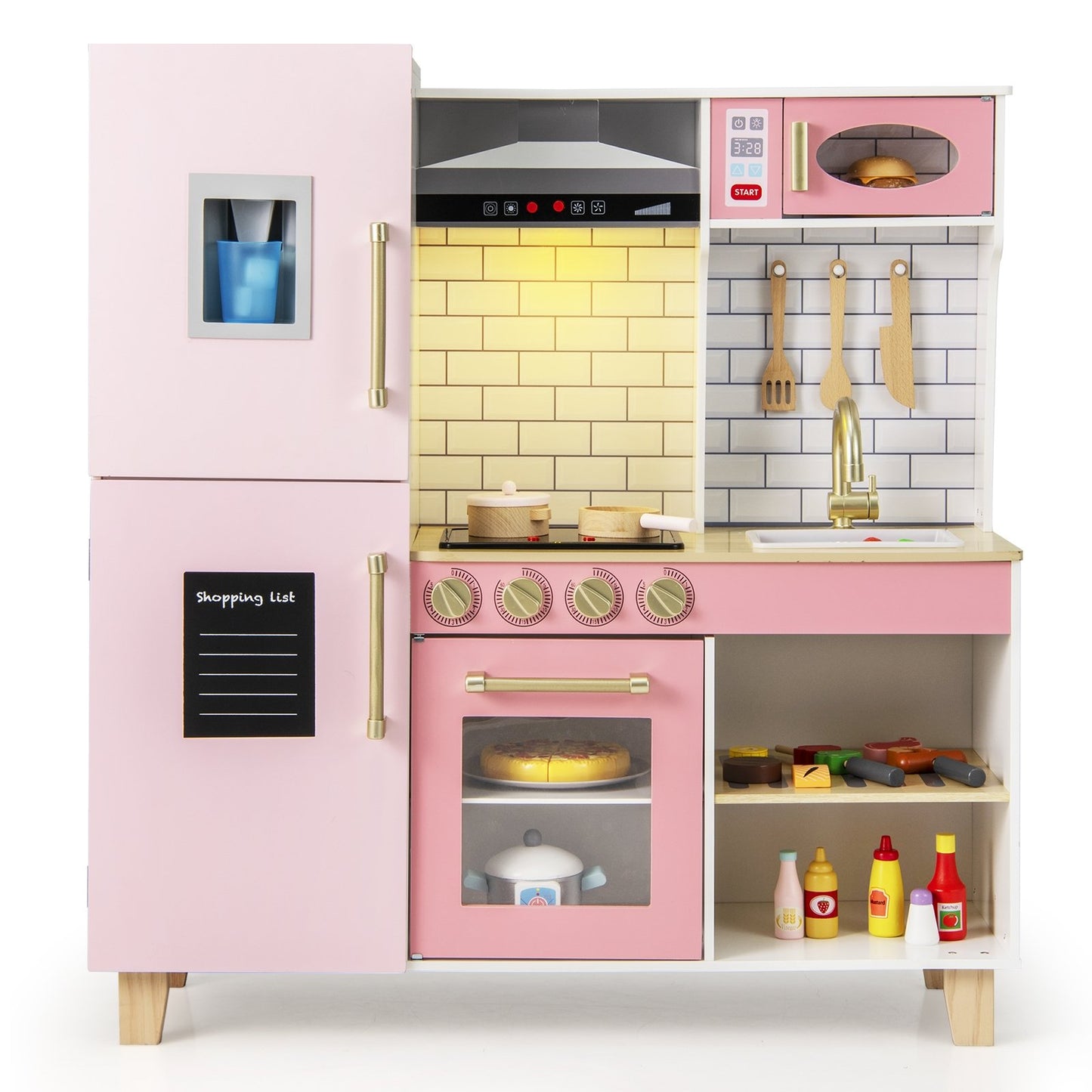 Wooden Pretend Play Kitchen with Ice Maker Range Hood and Blackboard-Pink Kids Crystal